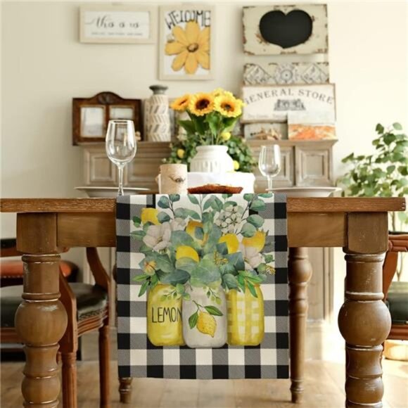 Black Buffalo Check Summer Table Runner 72” w/ Lemon Vase-Rustic Farmhouse  Deco - Picture 4 of 7